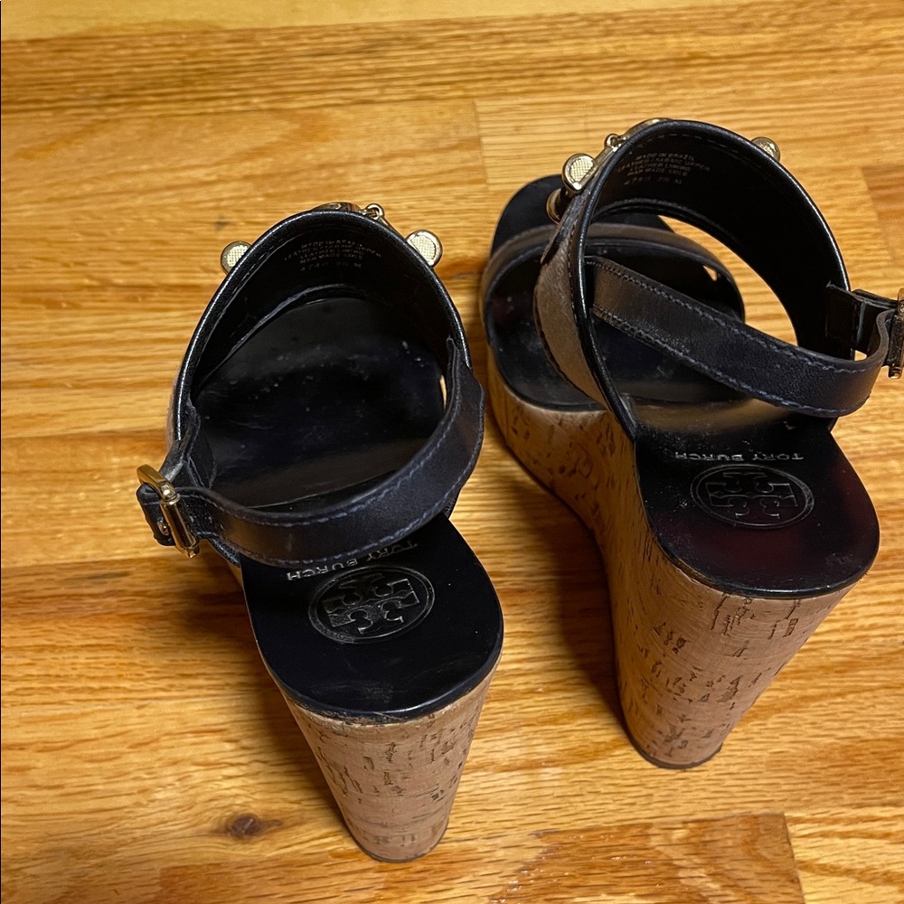 Tory Burch Black and Tan Wedge Sandals - Picture 6 of 6